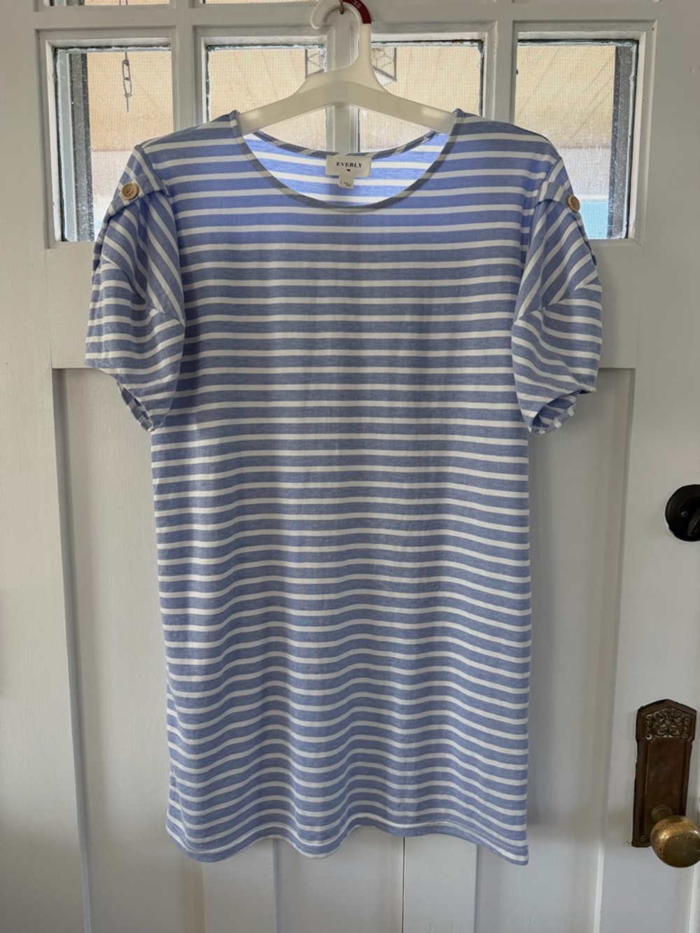Everly Light Blue and White Striped Midi Dress with Button-Shoulder Detail